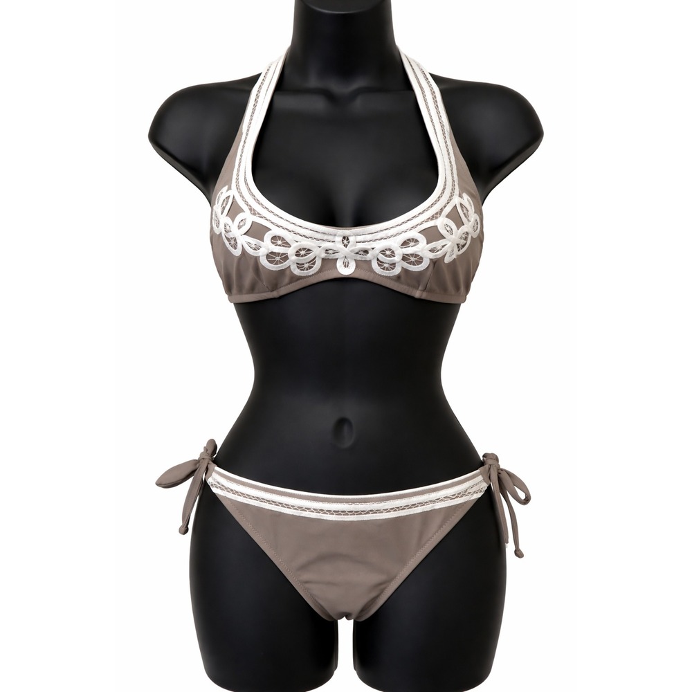 Victoria's Secret Womens Bikini Swimsuit Size S/XS Taupe White Lace Applique